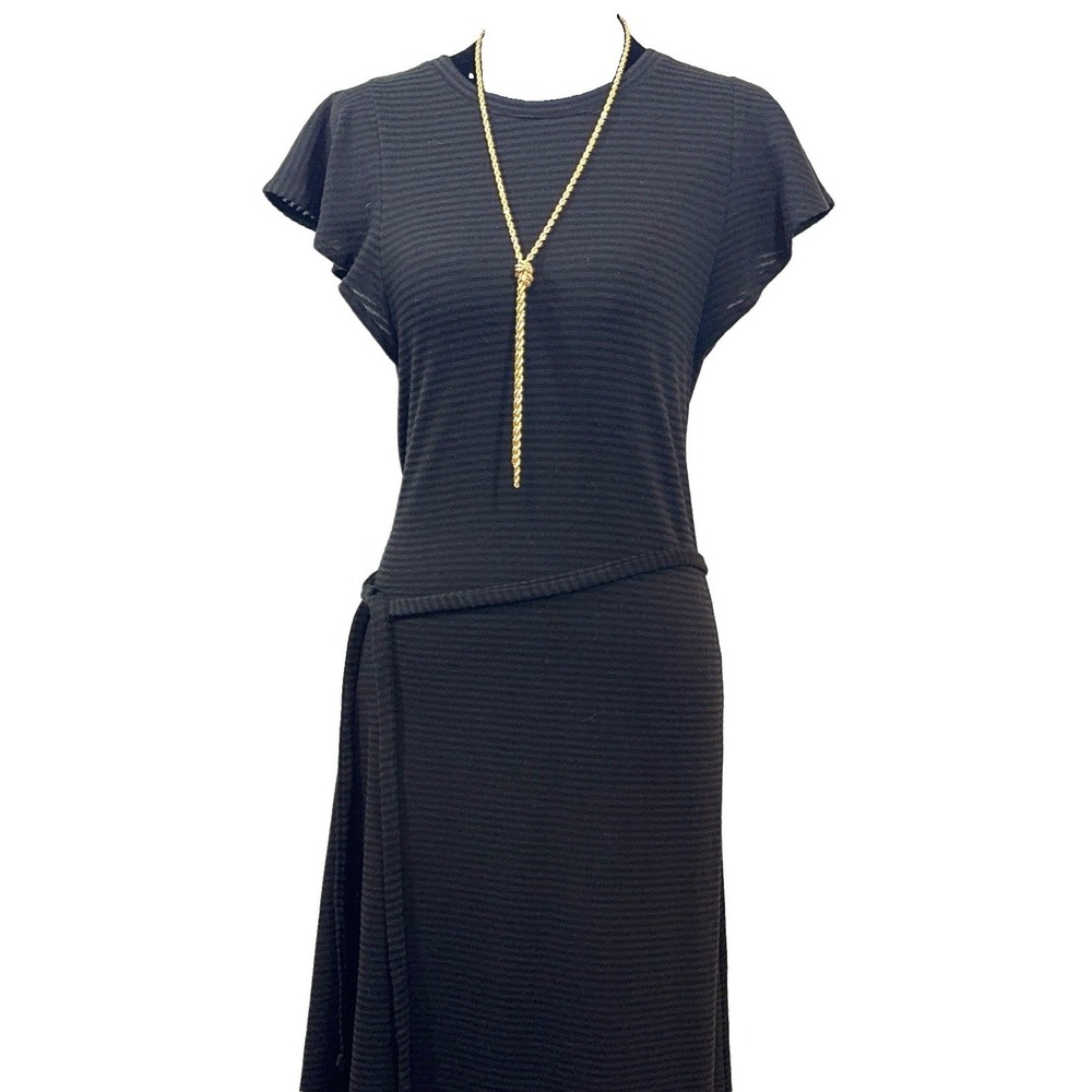 GAP Midi Dress Size Small Black Striped Flutter Sleeve Self Tie Belt Crewneck
